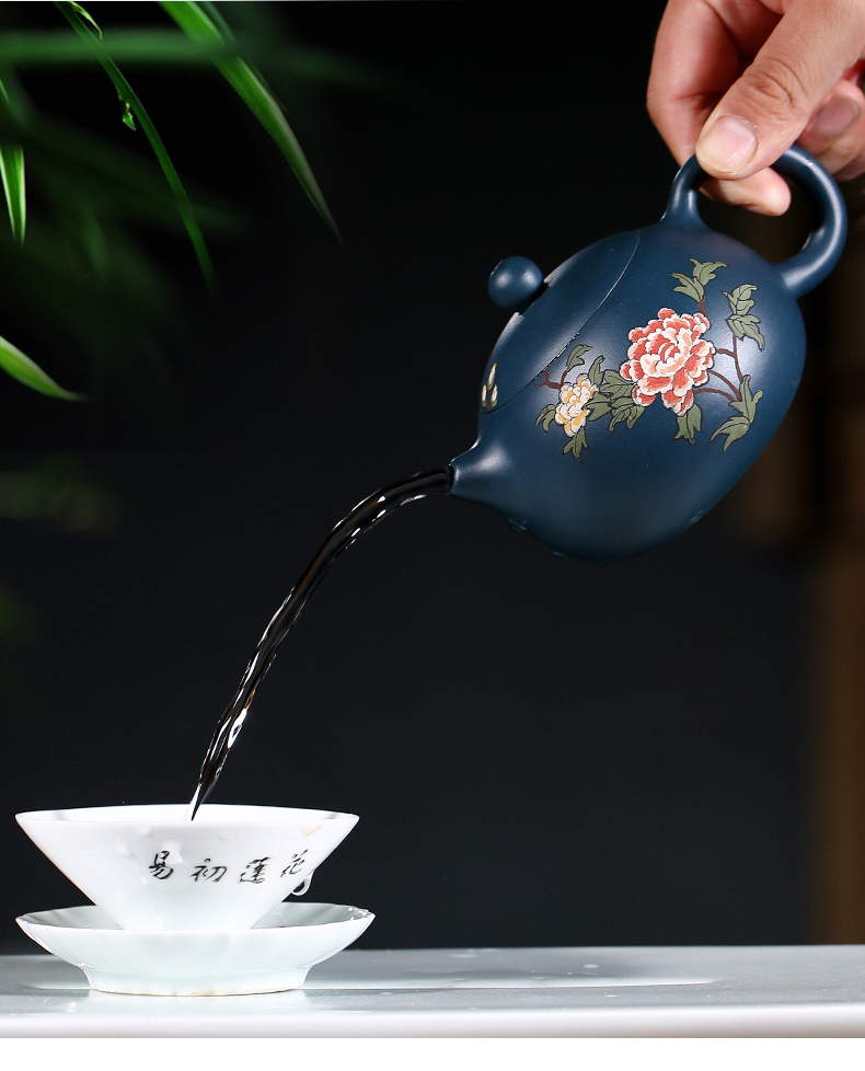 純手工紫砂壺，小巧琺瑯印花紫砂壺